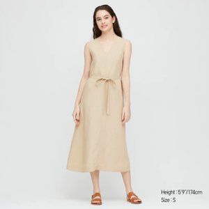 Uniqlo v-neck linen blend a-line sleeveless midi dress